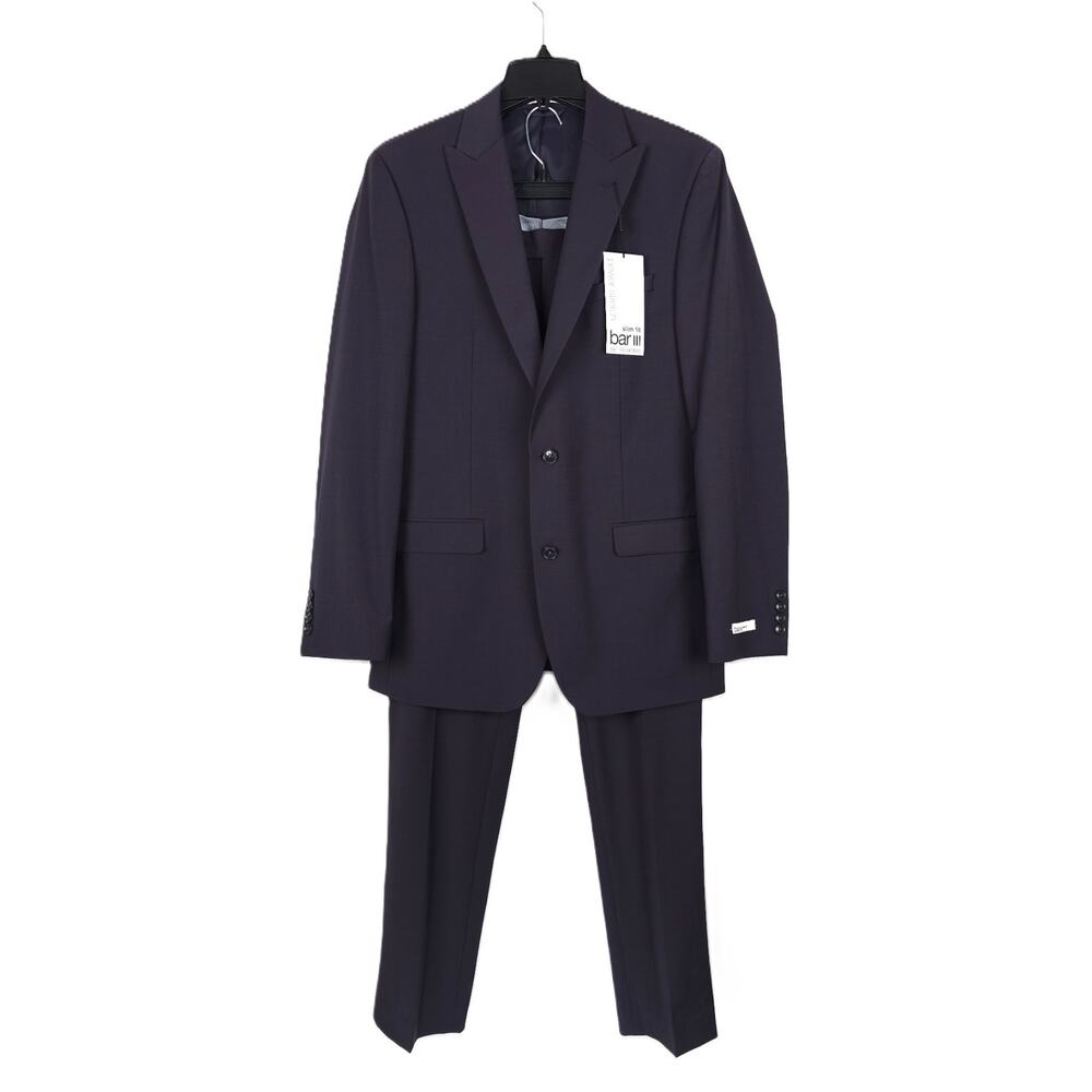 Bar III Mens Slim Fit 2 Piece Suit 44L 38x32 Purple Dark Burgundy Wool NWT